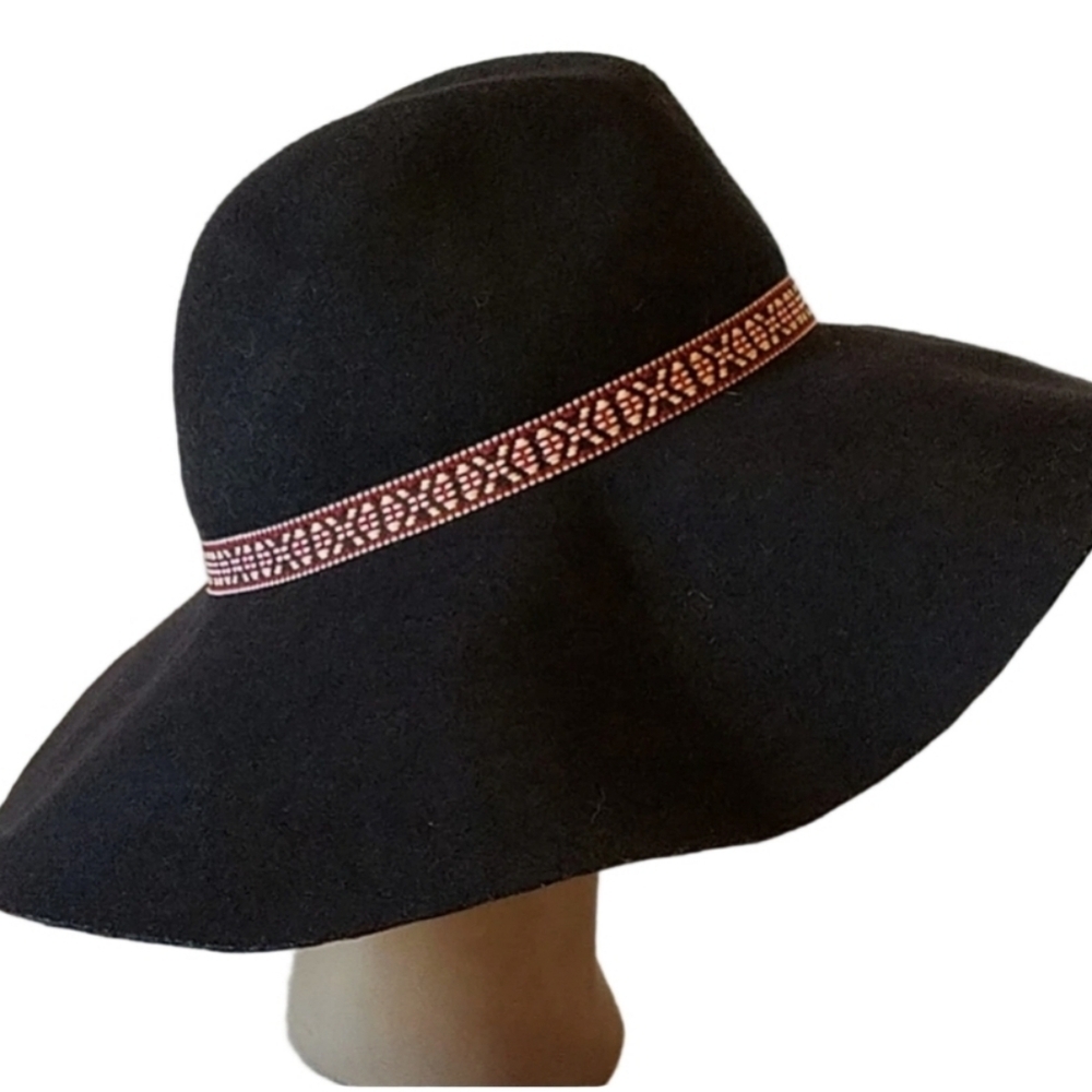 AMERICAN EAGLE Black 100% Wool Felt Wide Brim Floppy Hat with Band Classic EUC - Picture 2 of 6